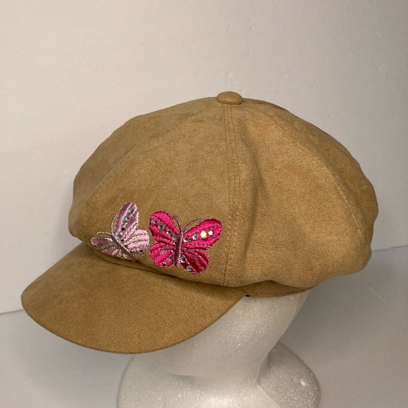 Girl’s Tan  Faux Suede Hat w/Embroidered Butterflies - Picture 5 of 6